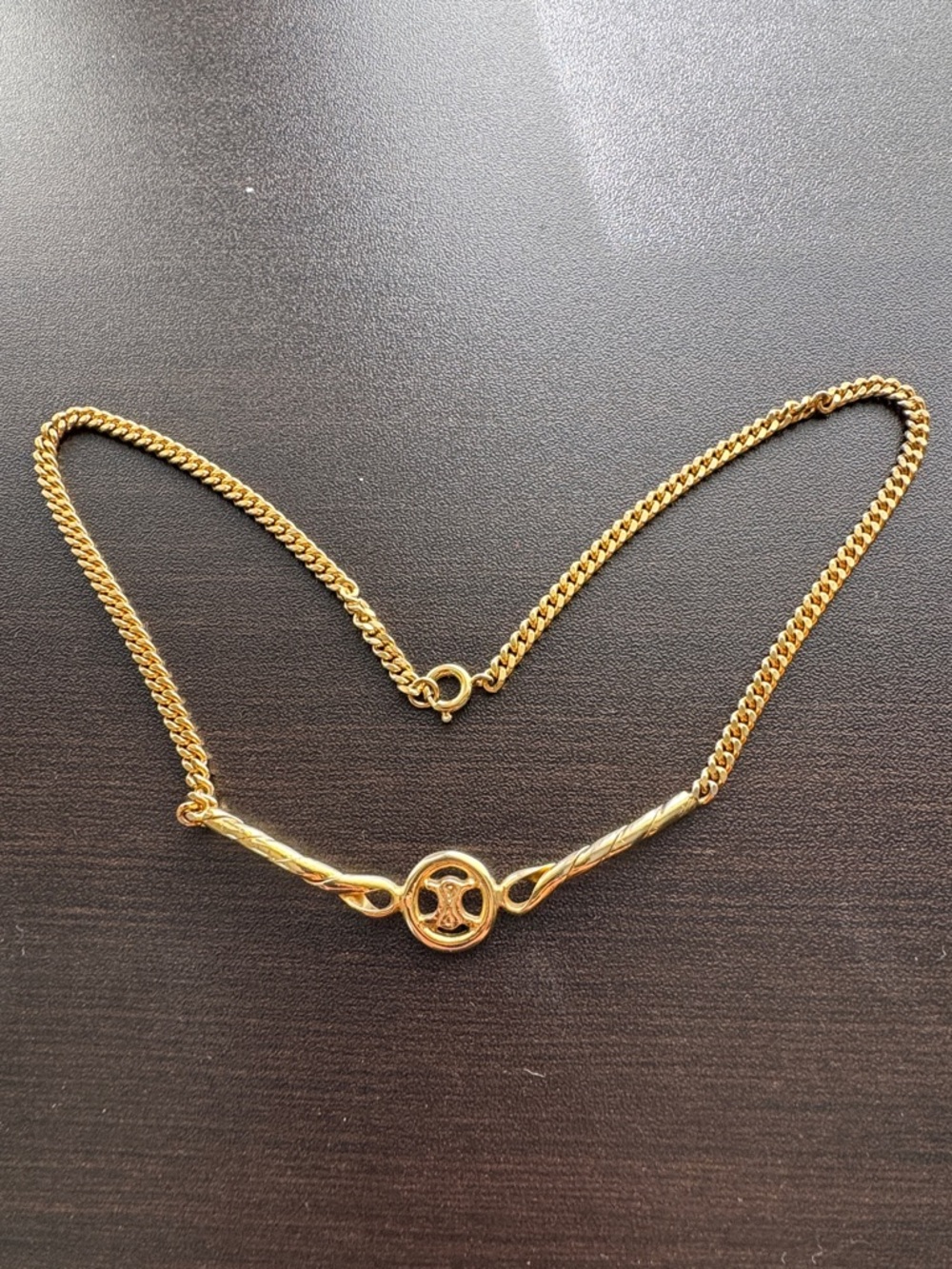 Celine Vintage Gold Necklace with Circular Accent and Twist Bars